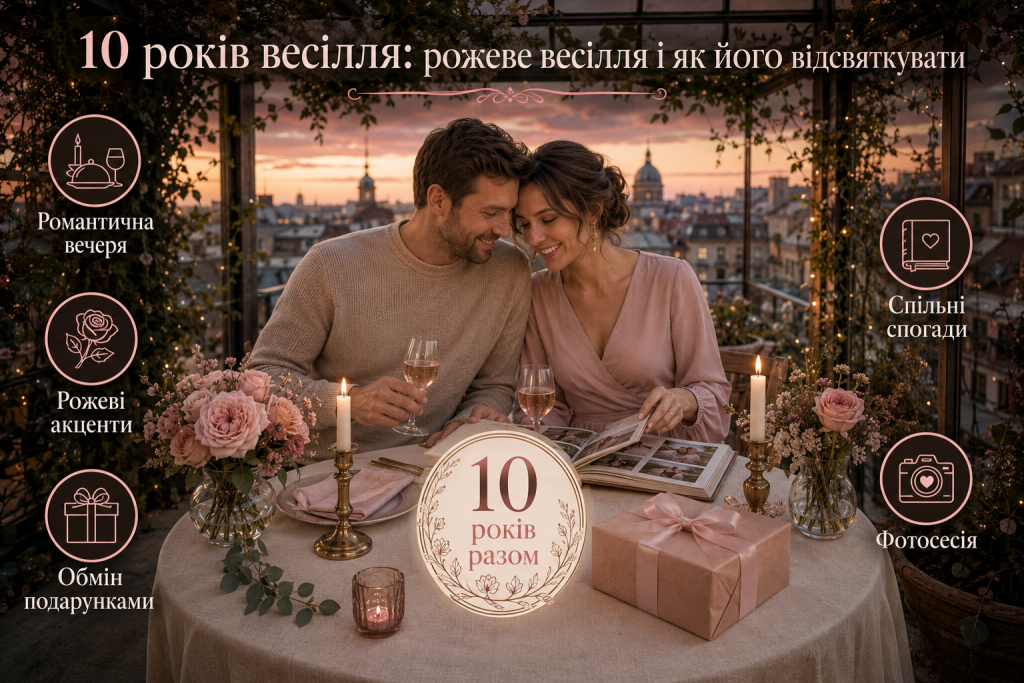 Святкова інфографіка до десятої річниці весілля з подружжям, рожевими квітами, романтичною вечерею, подарунками та спільними спогадами