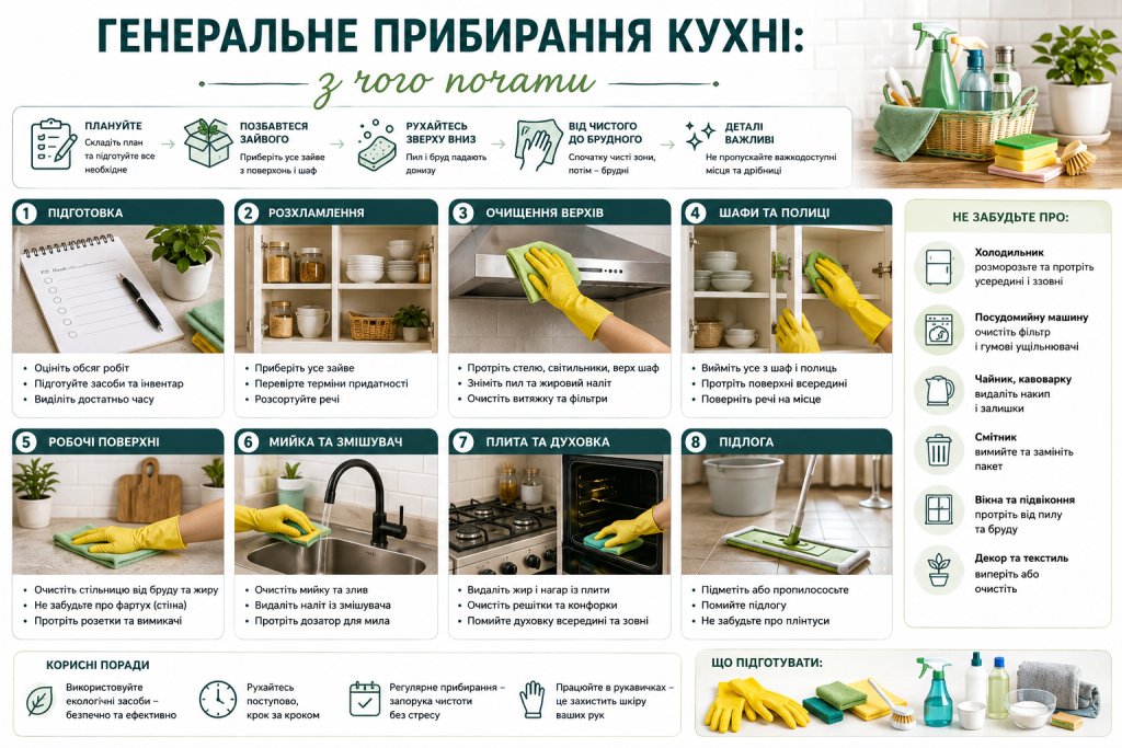 Інфографіка з покроковим планом генерального прибирання кухні