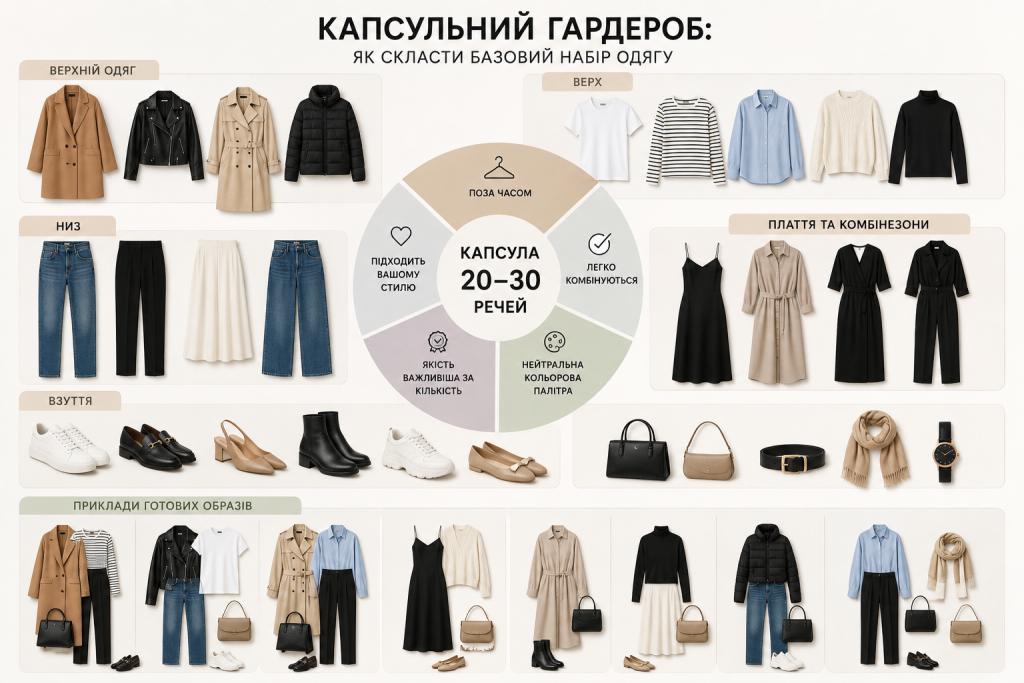 Капсульний гардероб із базовим одягом, взуттям та аксесуарами