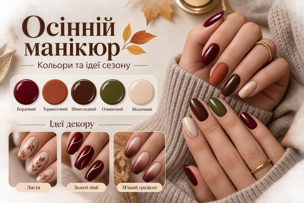 Палітра модних осінніх кольорів манікюру з бордовими, коричневими, зеленими та золотистими відтінками