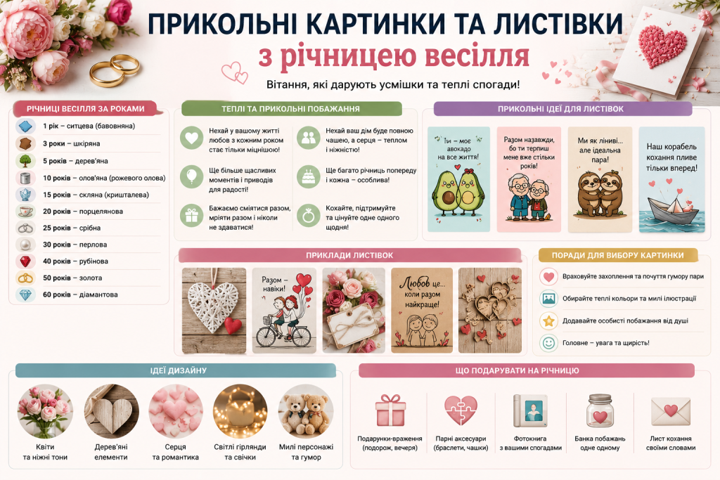 Інфографіка з прикольними картинками, листівками та побажаннями на річницю весілля