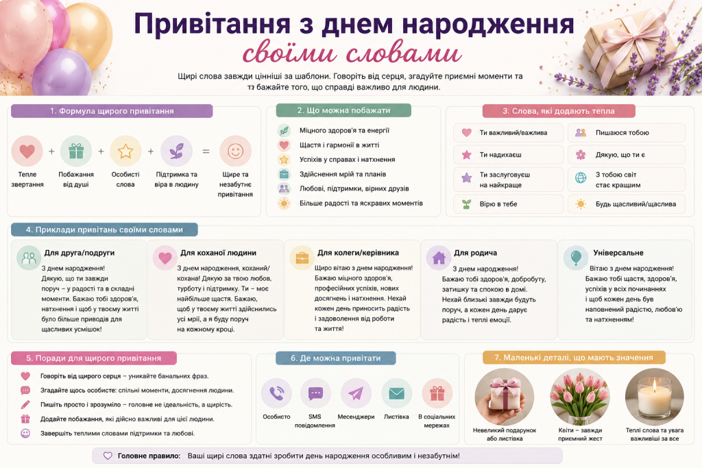 Інфографіка з ідеями щирих привітань з днем народження своїми словами