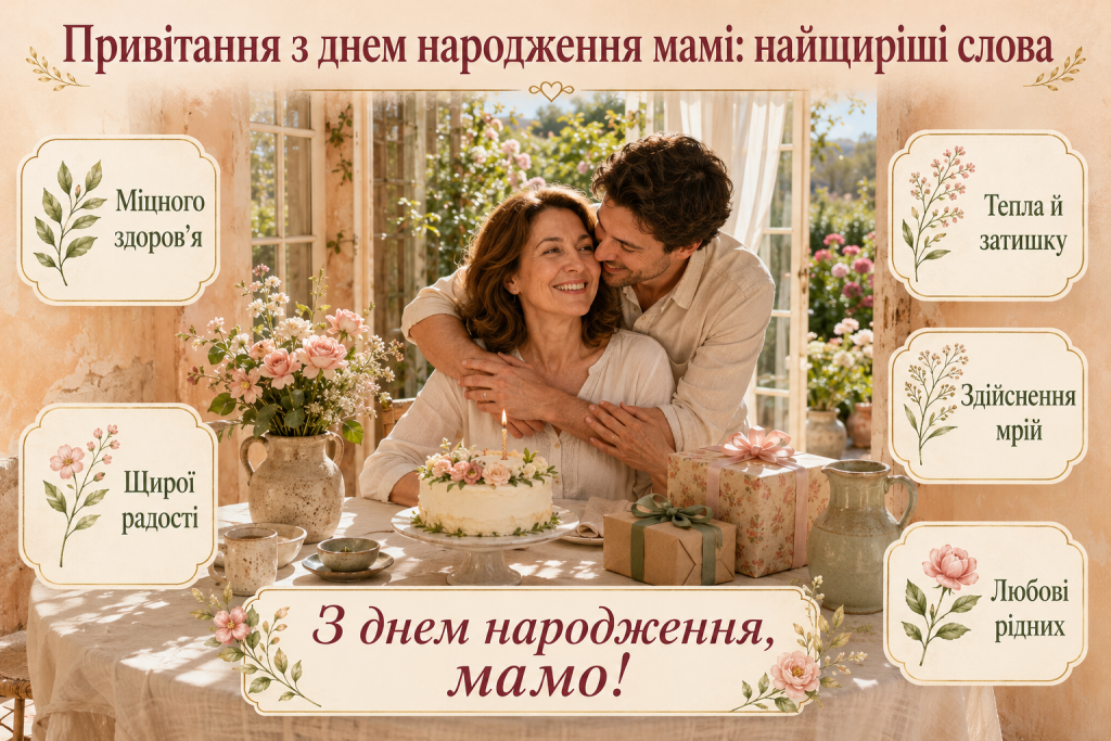 Святкова листівка з мамою та дорослим сином, тортом, квітами й теплими побажаннями до дня народження