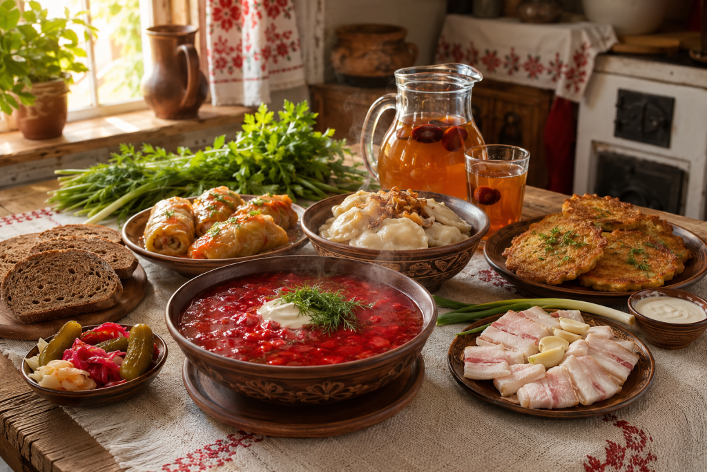 Стіл із традиційними українськими стравами, борщем, варениками, голубцями та дерунами