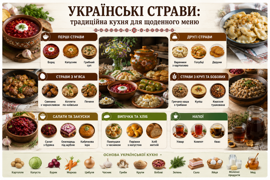 Інфографіка з традиційними українськими стравами та продуктами