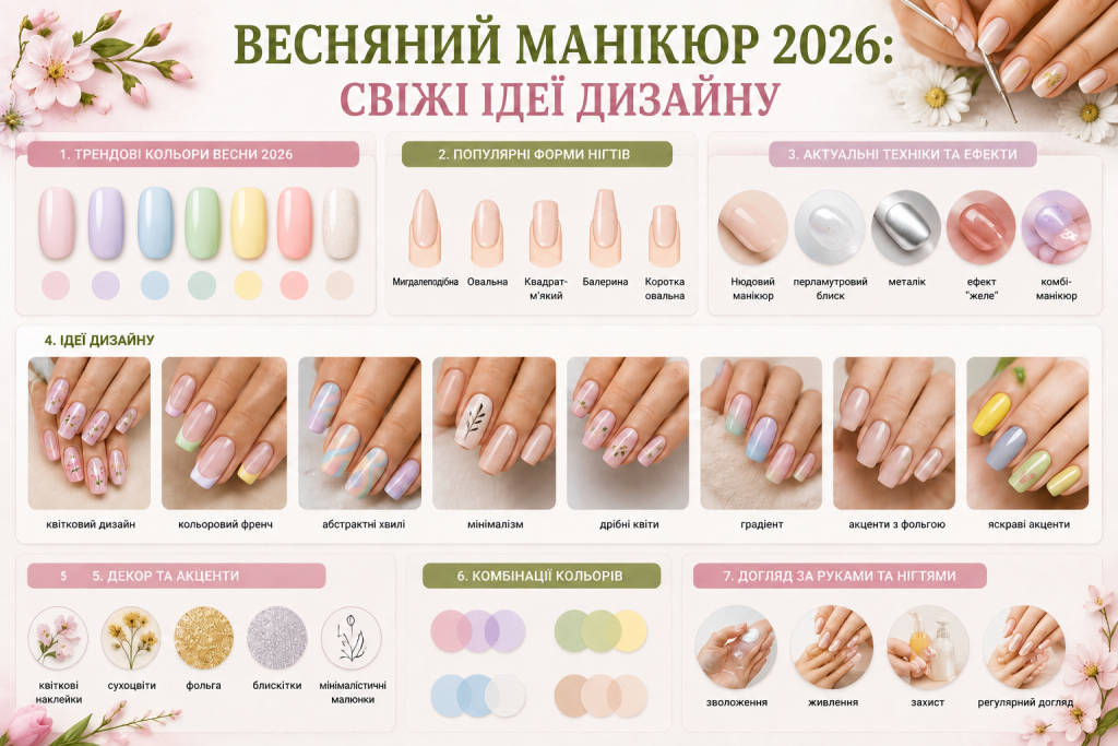 Інфографіка з трендами та ідеями весняного манікюру 2026 року