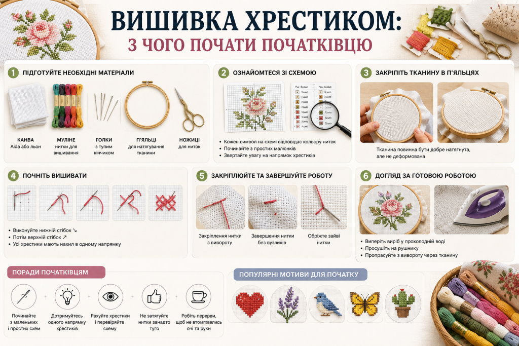 Інфографіка з основами вишивки хрестиком для початківців