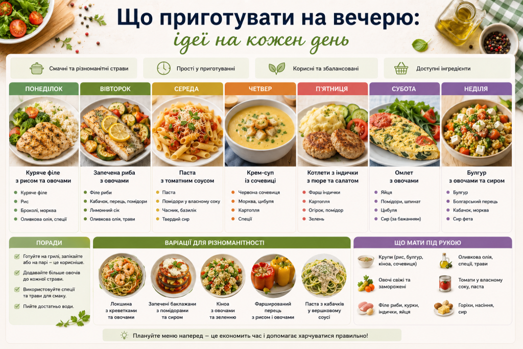 Інфографіка з ідеями страв на вечерю на кожен день тижня