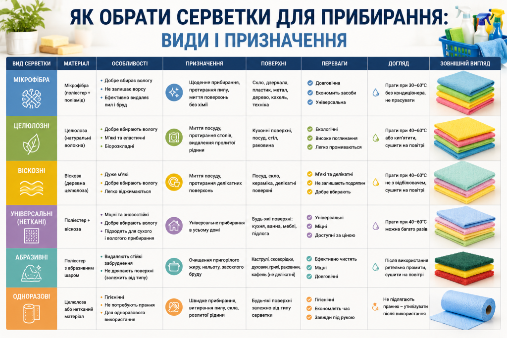 Інфографіка про види серветок для прибирання, їх матеріали та призначення