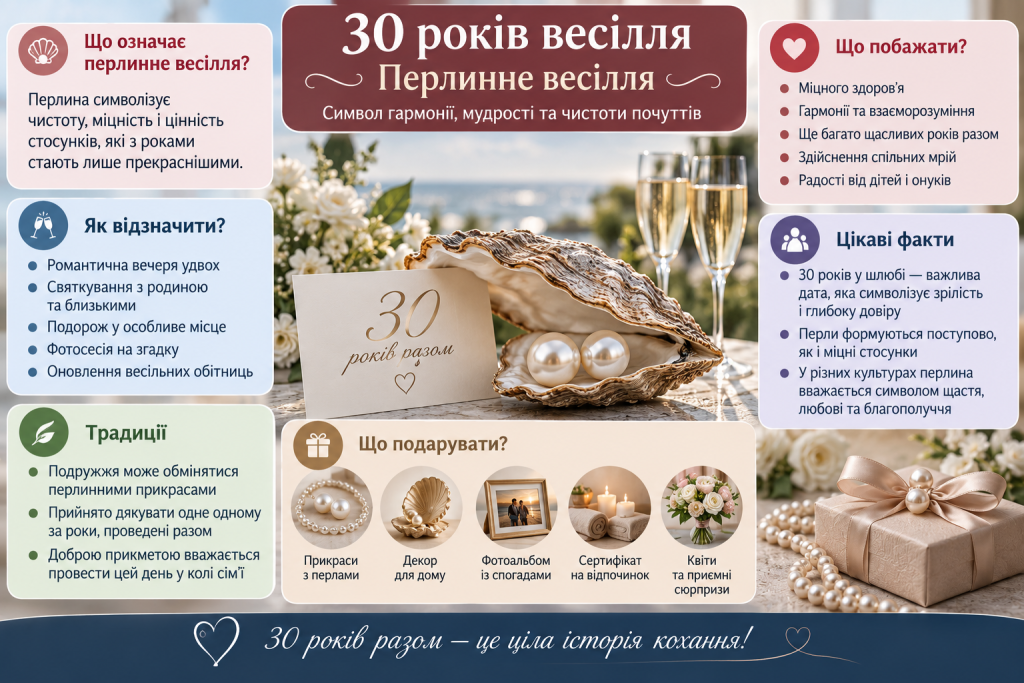 Інфографіка про перлинне весілля на 30 років шлюбу, традиції святкування, привітання, символіку та ідеї подарунків.
