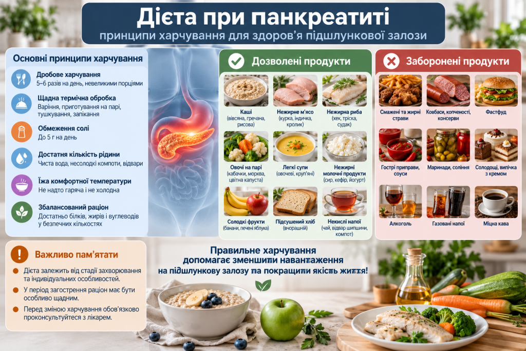 Інфографіка про харчування при панкреатиті з переліком дозволених і небажаних продуктів та основними принципами щадної дієти.