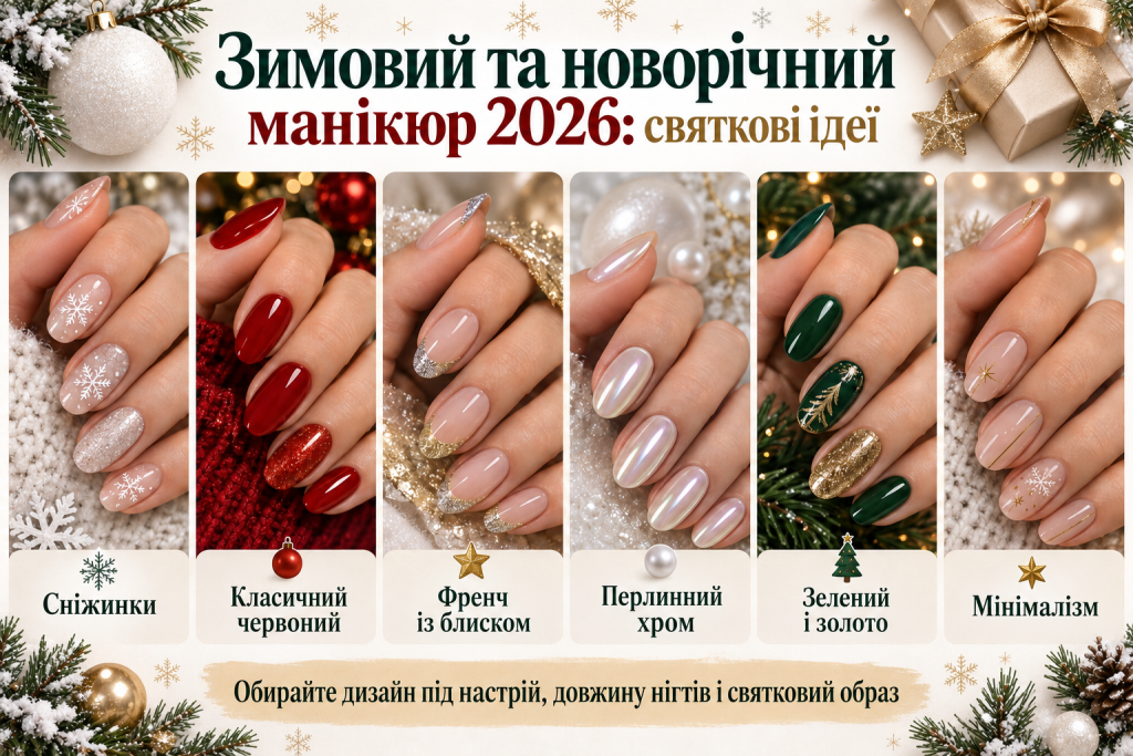 Ідеї зимового та новорічного манікюру 2026 зі сніжинками, блиском, червоним і зеленим дизайном