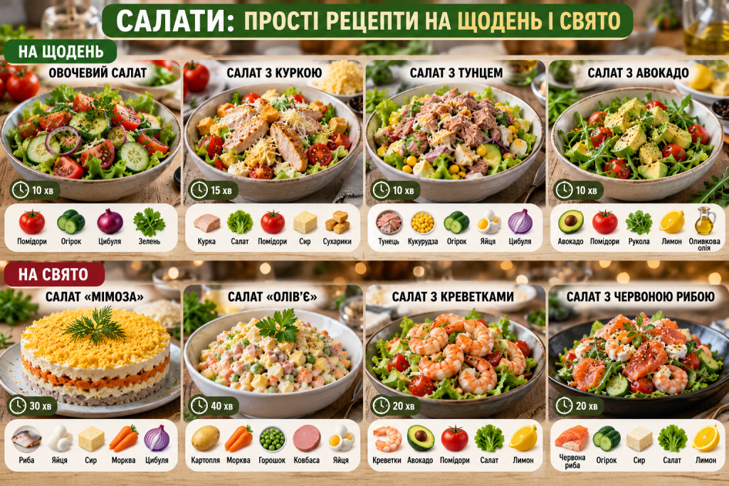 Інфографіка з рецептами восьми салатів на щодень і свято: овочевий, з куркою, тунцем, авокадо, мімоза, олів'є, з креветками та червоною рибою.